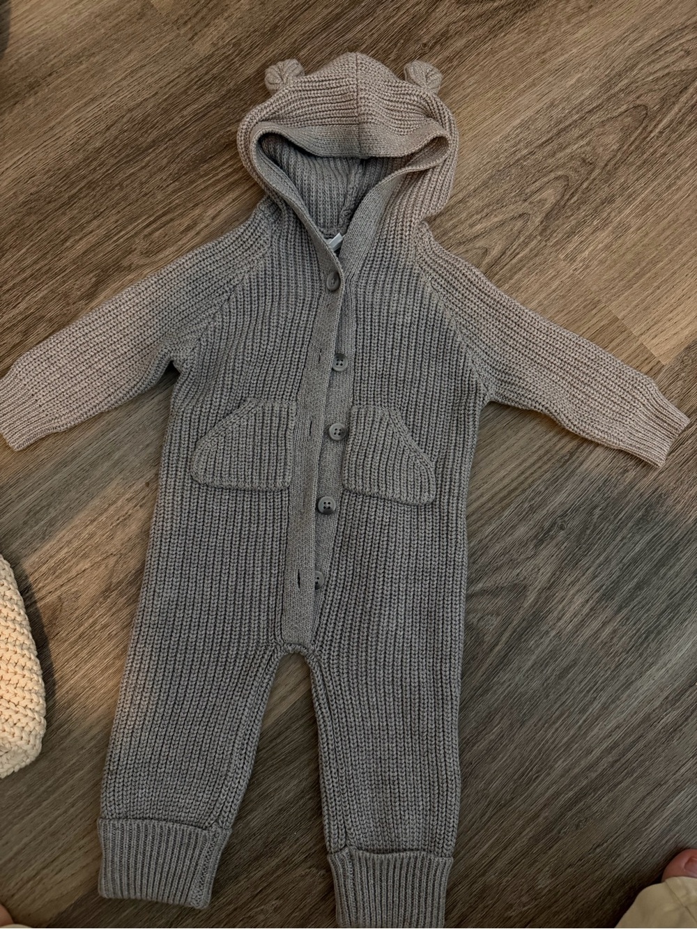Jamie Kay Cozy Knit Bear-Ear One-Piece Romper in Gray